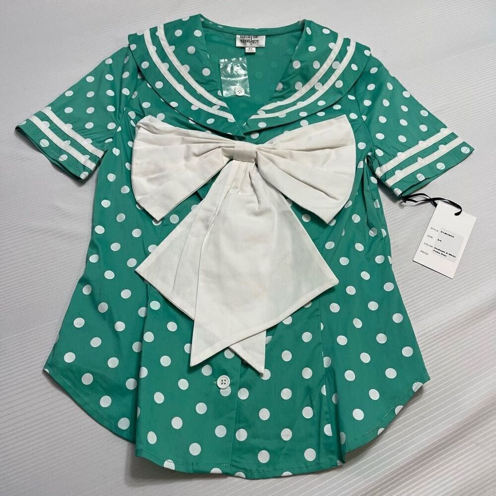 NWT Unique Vintage Seafoam & White Polka Dots Top Blouse Size Small New